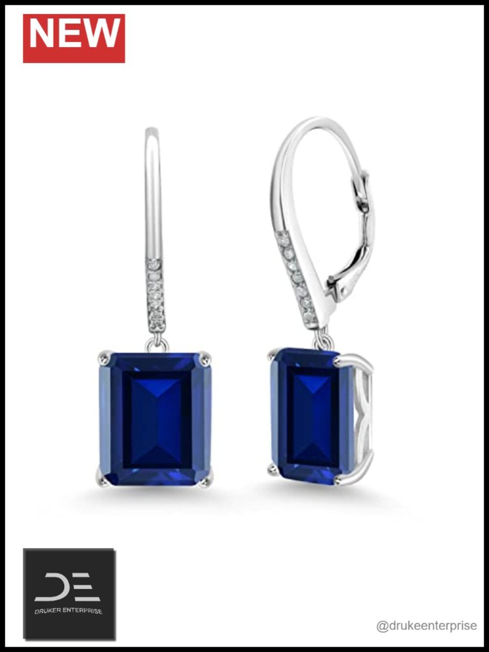 925 Sterling Silver Leverback Dangle Earrings Emerald Cut Gemstone Diamond